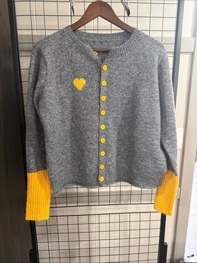 Gray & Yellow Heart-Accent Cardigan Sweater